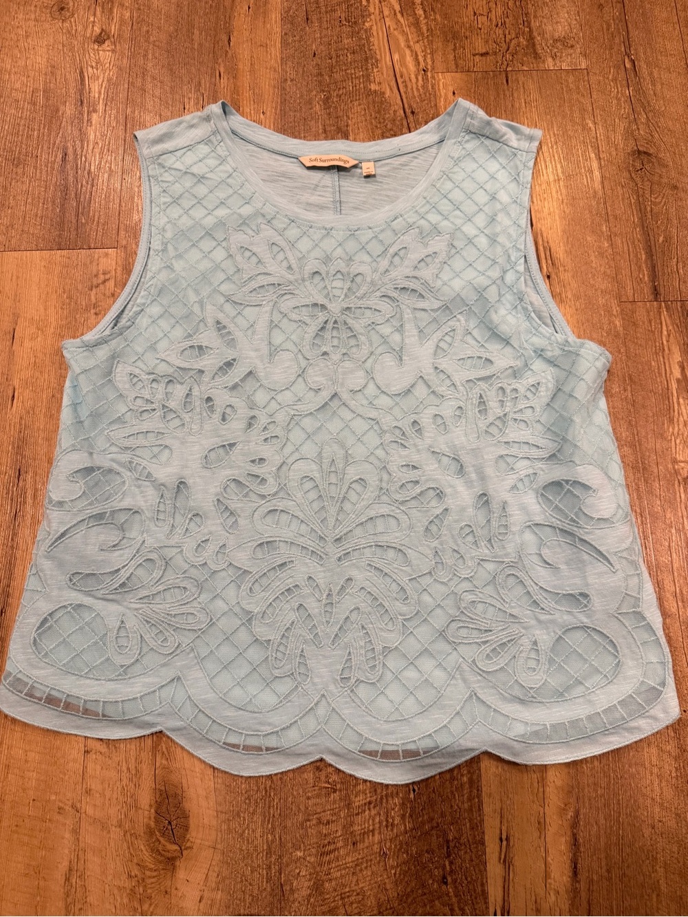 Soft Surroundings Light Blue Sleeveless Lace Appliqué Tank Medium
